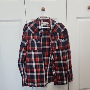 Plaid Button-Up Shirt in Red, Navy & White